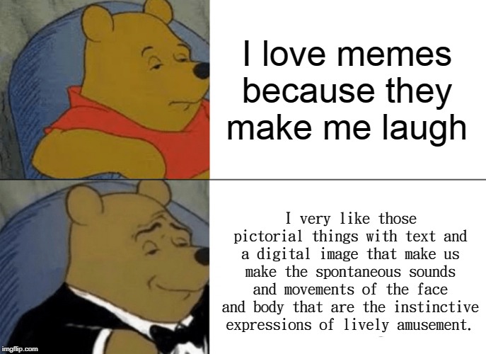 Tuxedo Winnie the Pooh Meme | I love memes because they make me laugh; I very like those pictorial things with text and a digital image that make us make the spontaneous sounds and movements of the face and body that are the instinctive expressions of lively amusement. | image tagged in memes,tuxedo winnie the pooh,funny | made w/ Imgflip meme maker