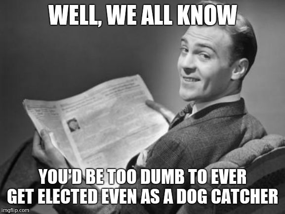 50's newspaper | WELL, WE ALL KNOW YOU'D BE TOO DUMB TO EVER GET ELECTED EVEN AS A DOG CATCHER | image tagged in 50's newspaper | made w/ Imgflip meme maker