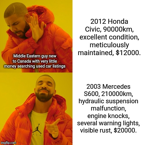 Drake Hotline Bling Meme | 2012 Honda Civic, 90000km, excellent condition, meticulously maintained, $12000. Middle Eastern guy new to Canada with very little money searching used car listings; 2003 Mercedes S600, 210000km, hydraulic suspension malfunction, engine knocks, several warning lights, visible rust, $20000. | image tagged in memes,drake hotline bling,memes | made w/ Imgflip meme maker