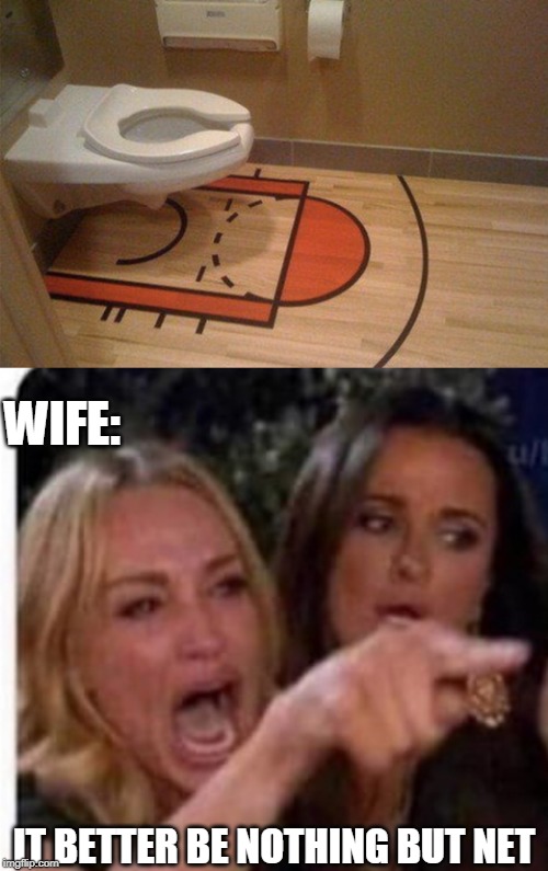 HE SHOOTS HE SCORES! |  WIFE:; IT BETTER BE NOTHING BUT NET | image tagged in cat at table,toilet humor,basketball meme | made w/ Imgflip meme maker