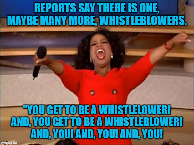 Oprah You Get A Meme | REPORTS SAY THERE IS ONE, MAYBE MANY MORE, WHISTLEBLOWERS. "YOU GET TO BE A WHISTLELOWER! AND, YOU GET TO BE A WHISTLEBLOWER! AND, YOU! AND, YOU! AND, YOU! | image tagged in memes,oprah you get a | made w/ Imgflip meme maker