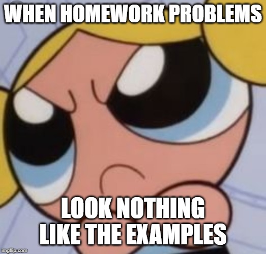 WHEN HOMEWORK PROBLEMS; LOOK NOTHING LIKE THE EXAMPLES | image tagged in student life | made w/ Imgflip meme maker