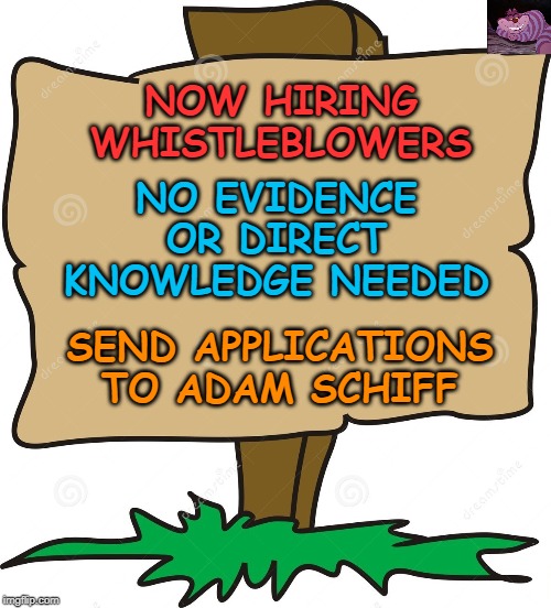 When you need a bench of "whistleblowers" | NO EVIDENCE OR DIRECT KNOWLEDGE NEEDED; NOW HIRING WHISTLEBLOWERS; SEND APPLICATIONS TO ADAM SCHIFF | image tagged in blank sign | made w/ Imgflip meme maker