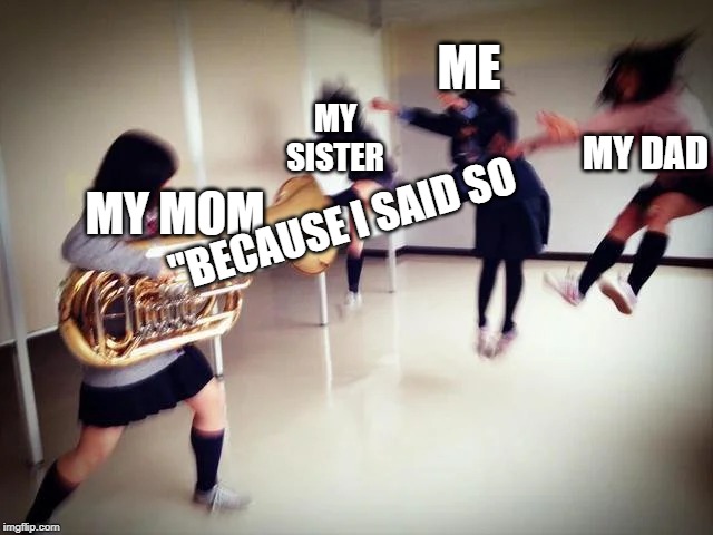 Moms be like: | ME; MY SISTER; MY DAD; "BECAUSE I SAID SO; MY MOM | image tagged in mom,memes,funny memes,funny,relatable,upvotes | made w/ Imgflip meme maker