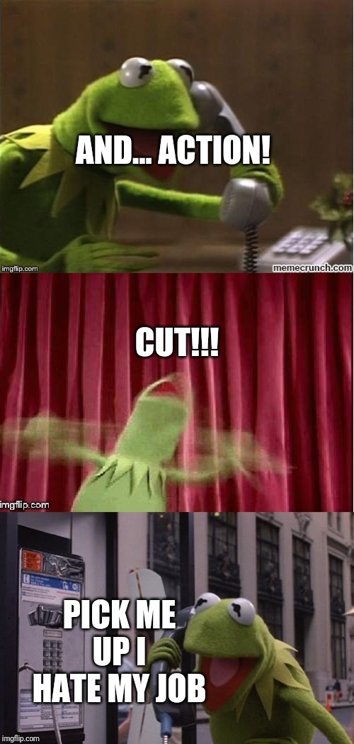 Kermit Muppet Show Calls | AND... ACTION! CUT!!! PICK ME UP I HATE MY JOB | image tagged in kermit muppet show calls | made w/ Imgflip meme maker