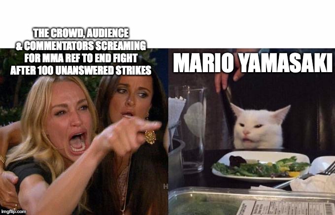 Woman Yelling At Cat Meme | THE CROWD, AUDIENCE & COMMENTATORS SCREAMING FOR MMA REF TO END FIGHT AFTER 100 UNANSWERED STRIKES; MARIO YAMASAKI | image tagged in two women yelling at a cat | made w/ Imgflip meme maker
