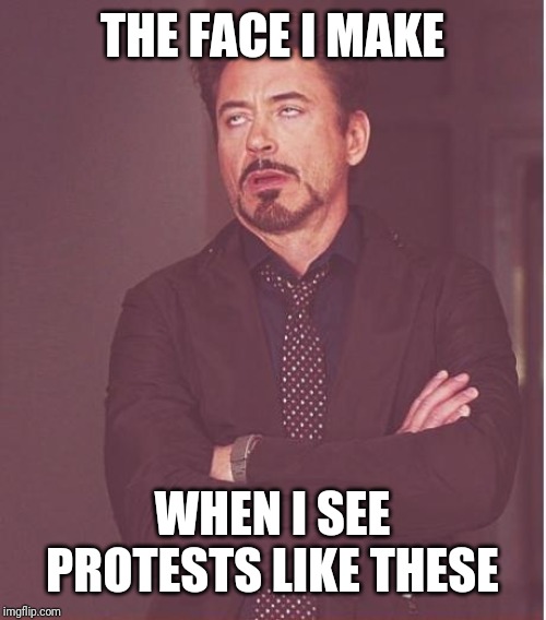 Face You Make Robert Downey Jr Meme | THE FACE I MAKE; WHEN I SEE PROTESTS LIKE THESE | image tagged in memes,face you make robert downey jr | made w/ Imgflip meme maker