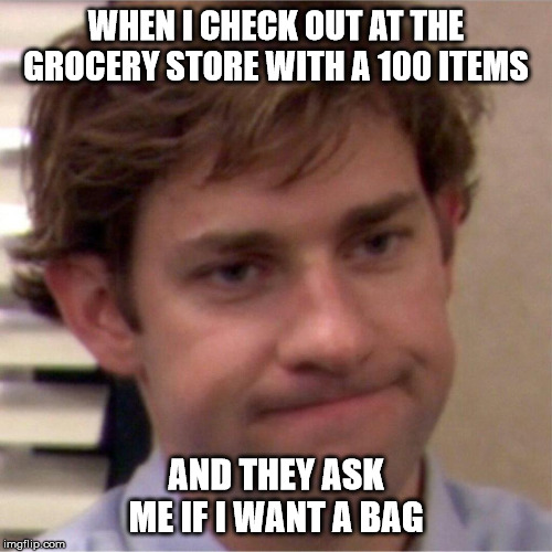 Not surprised face | WHEN I CHECK OUT AT THE GROCERY STORE WITH A 100 ITEMS; AND THEY ASK ME IF I WANT A BAG | image tagged in not surprised face | made w/ Imgflip meme maker