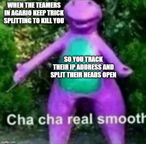 Cha Cha Real Smooth | WHEN THE TEAMERS IN AGARIO KEEP TRICK SPLITTING TO KILL YOU; SO YOU TRACK THEIR IP ADDRESS AND SPLIT THEIR HEADS OPEN | image tagged in cha cha real smooth | made w/ Imgflip meme maker