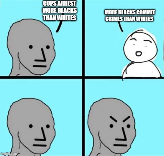 NPC Meme | COPS ARREST MORE BLACKS THAN WHITES MORE BLACKS COMMIT CRIMES THAN WHITES | image tagged in npc meme | made w/ Imgflip meme maker