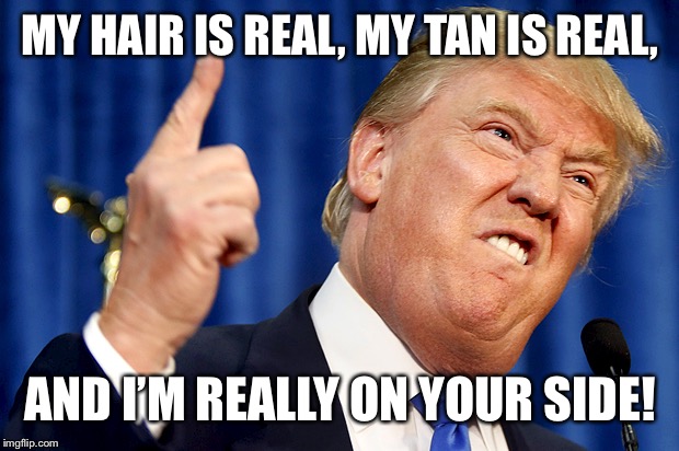 Donald Trump | MY HAIR IS REAL, MY TAN IS REAL, AND I’M REALLY ON YOUR SIDE! | image tagged in donald trump | made w/ Imgflip meme maker