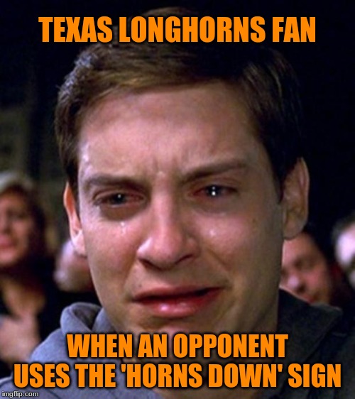 Everything's bigger in Texas, including the snowflakes, apparently. Poor pobrecito. | TEXAS LONGHORNS FAN; WHEN AN OPPONENT USES THE 'HORNS DOWN' SIGN | image tagged in crying peter parker,memes,college football,texas,snowflakes,sign language | made w/ Imgflip meme maker