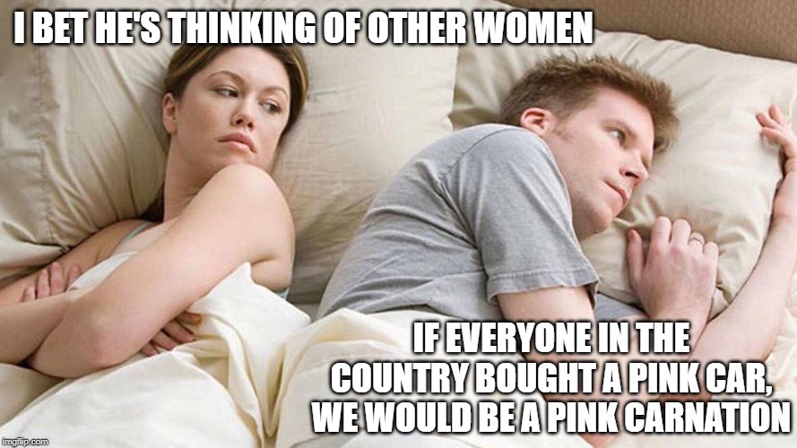 I Bet He's Thinking About Other Women Meme | I BET HE'S THINKING OF OTHER WOMEN; IF EVERYONE IN THE COUNTRY BOUGHT A PINK CAR, WE WOULD BE A PINK CARNATION | image tagged in i bet he's thinking about other women | made w/ Imgflip meme maker