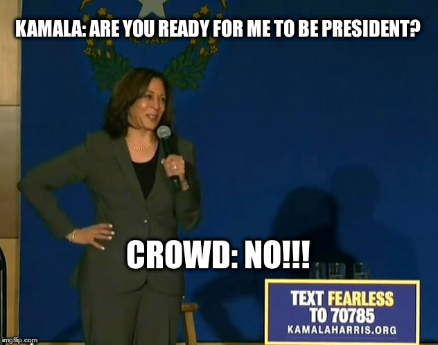 Kamala isn't ready. | KAMALA: ARE YOU READY FOR ME TO BE PRESIDENT? CROWD: NO!!! | image tagged in political meme,kamala harris,crowd reaction,presidential race | made w/ Imgflip meme maker