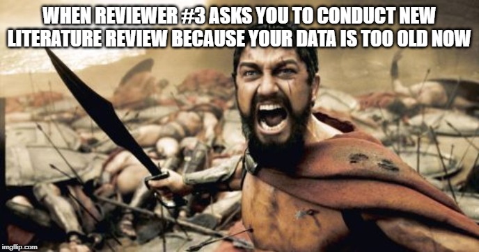 Sparta Leonidas | WHEN REVIEWER #3 ASKS YOU TO CONDUCT NEW LITERATURE REVIEW BECAUSE YOUR DATA IS TOO OLD NOW | image tagged in memes,sparta leonidas | made w/ Imgflip meme maker