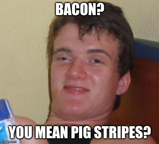 10 Guy Meme | BACON? YOU MEAN PIG STRIPES? | image tagged in memes,10 guy | made w/ Imgflip meme maker