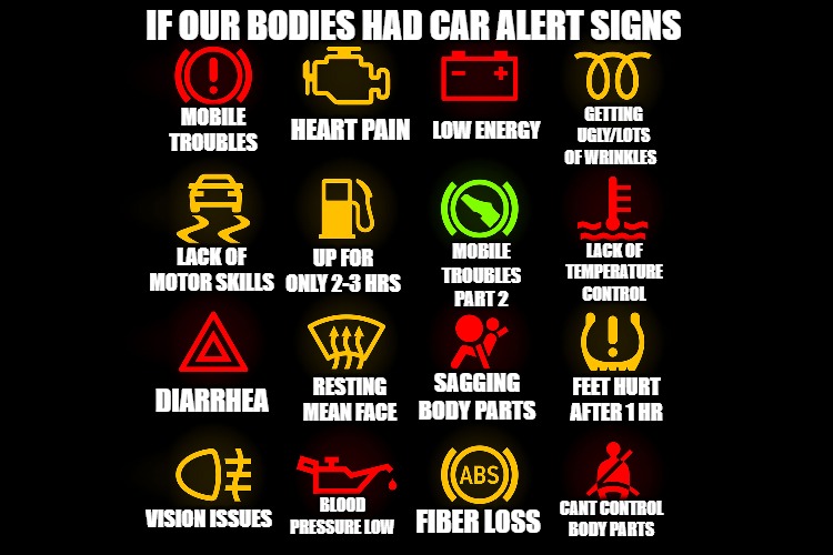 Which sign is on for you? | IF OUR BODIES HAD CAR ALERT SIGNS; HEART PAIN; GETTING UGLY/LOTS OF WRINKLES; MOBILE TROUBLES; LOW ENERGY; UP FOR ONLY 2-3 HRS; LACK OF TEMPERATURE CONTROL; MOBILE TROUBLES PART 2; LACK OF MOTOR SKILLS; SAGGING BODY PARTS; RESTING MEAN FACE; DIARRHEA; FEET HURT AFTER 1 HR; BLOOD PRESSURE LOW; FIBER LOSS; VISION ISSUES; CANT CONTROL BODY PARTS | image tagged in memes,funny memes,cars,body,fun | made w/ Imgflip meme maker