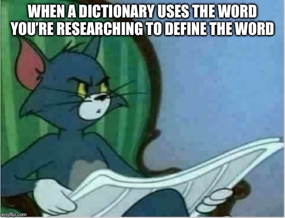 How redundant | WHEN A DICTIONARY USES THE WORD YOU’RE RESEARCHING TO DEFINE THE WORD | image tagged in interrupting tom's read,funny,annoying | made w/ Imgflip meme maker