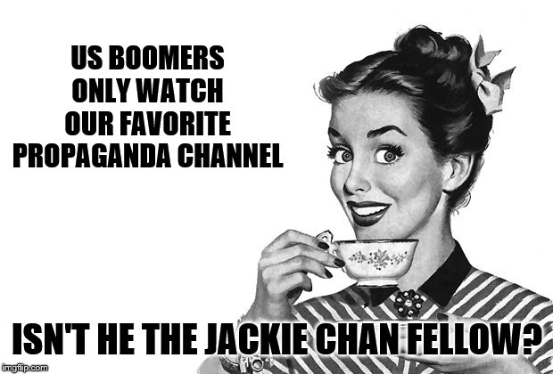 1950s Housewife | US BOOMERS ONLY WATCH OUR FAVORITE PROPAGANDA CHANNEL ISN'T HE THE JACKIE CHAN FELLOW? | image tagged in 1950s housewife | made w/ Imgflip meme maker
