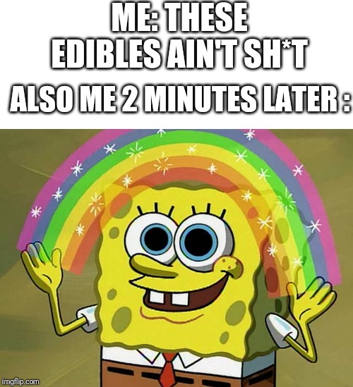 Imagination Spongebob Meme | ME: THESE EDIBLES AIN'T SH*T; ALSO ME 2 MINUTES LATER : | image tagged in memes,imagination spongebob | made w/ Imgflip meme maker