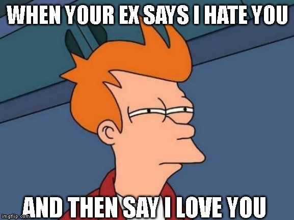 Futurama Fry | WHEN YOUR EX SAYS I HATE YOU; AND THEN SAY I LOVE YOU | image tagged in memes,futurama fry | made w/ Imgflip meme maker