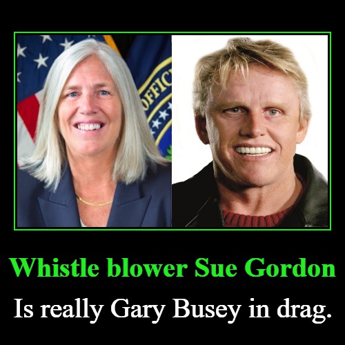 Whistle blower Sue Gordon is really Gary Busey in drag. | image tagged in funny,demotivationals,sue gordon,gary busey,whistleblower,gary busey approves | made w/ Imgflip demotivational maker