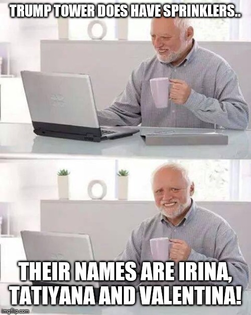 Hide the Pain Harold Meme | TRUMP TOWER DOES HAVE SPRINKLERS.. THEIR NAMES ARE IRINA, TATIYANA AND VALENTINA! | image tagged in memes,hide the pain harold | made w/ Imgflip meme maker