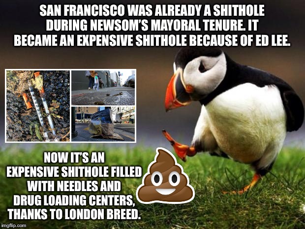 San Francisco is a shithole | SAN FRANCISCO WAS ALREADY A SHITHOLE DURING NEWSOM’S MAYORAL TENURE. IT BECAME AN EXPENSIVE SHITHOLE BECAUSE OF ED LEE. NOW IT’S AN EXPENSIVE SHITHOLE FILLED WITH NEEDLES AND DRUG LOADING CENTERS, THANKS TO LONDON BREED. | image tagged in memes,unpopular opinion puffin,poop,drugs,san francisco,politicians | made w/ Imgflip meme maker