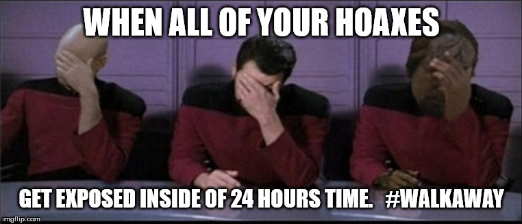 Picard, Riker, Worf Triple Facepalm | WHEN ALL OF YOUR HOAXES; GET EXPOSED INSIDE OF 24 HOURS TIME.   #WALKAWAY | image tagged in picard riker worf triple facepalm | made w/ Imgflip meme maker