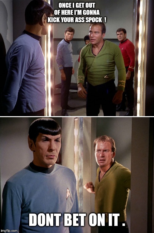 Spock Mirror Kirk | ONCE I GET OUT OF HERE I'M GONNA KICK YOUR ASS SPOCK  ! DONT BET ON IT . | image tagged in spock mirror kirk | made w/ Imgflip meme maker