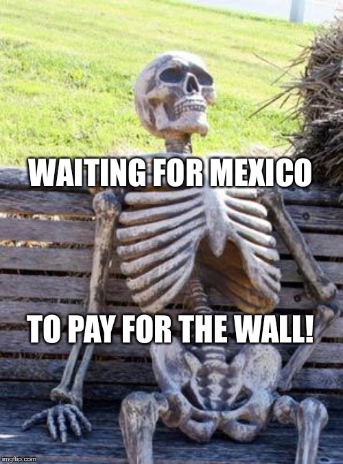 Sad, Really! | WAITING FOR MEXICO; TO PAY FOR THE WALL! | image tagged in memes,waiting skeleton,wall,trump wall | made w/ Imgflip meme maker