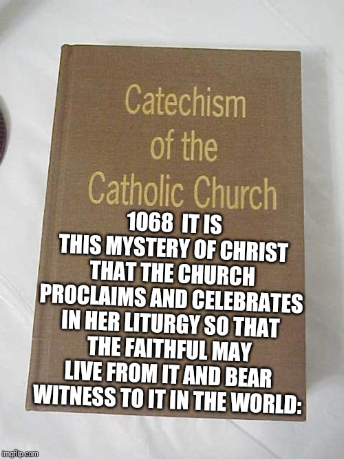 The Church | 1068  IT IS THIS MYSTERY OF CHRIST THAT THE CHURCH PROCLAIMS AND CELEBRATES IN HER LITURGY SO THAT THE FAITHFUL MAY LIVE FROM IT AND BEAR WITNESS TO IT IN THE WORLD: | image tagged in catholic,jesus,church,bible,teaching,world | made w/ Imgflip meme maker
