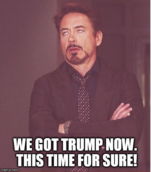 Face You Make Robert Downey Jr | WE GOT TRUMP NOW.  THIS TIME FOR SURE! | image tagged in memes,face you make robert downey jr | made w/ Imgflip meme maker