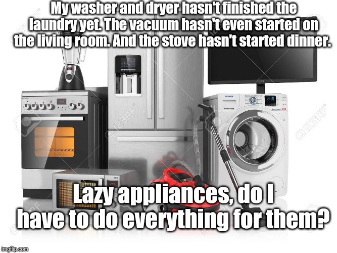 My washer and dryer hasn't finished the laundry yet. The vacuum hasn't even started on the living room. And the stove hasn't started dinner. Lazy appliances, do I have to do everything for them? | image tagged in memes | made w/ Imgflip meme maker
