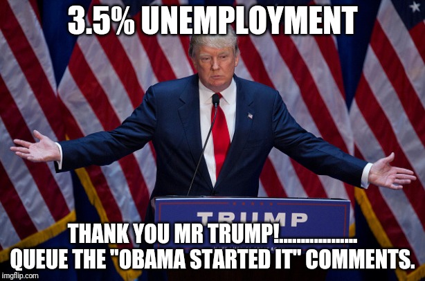 Donald Trump | 3.5% UNEMPLOYMENT; THANK YOU MR TRUMP!..................

QUEUE THE "OBAMA STARTED IT" COMMENTS. | image tagged in donald trump | made w/ Imgflip meme maker