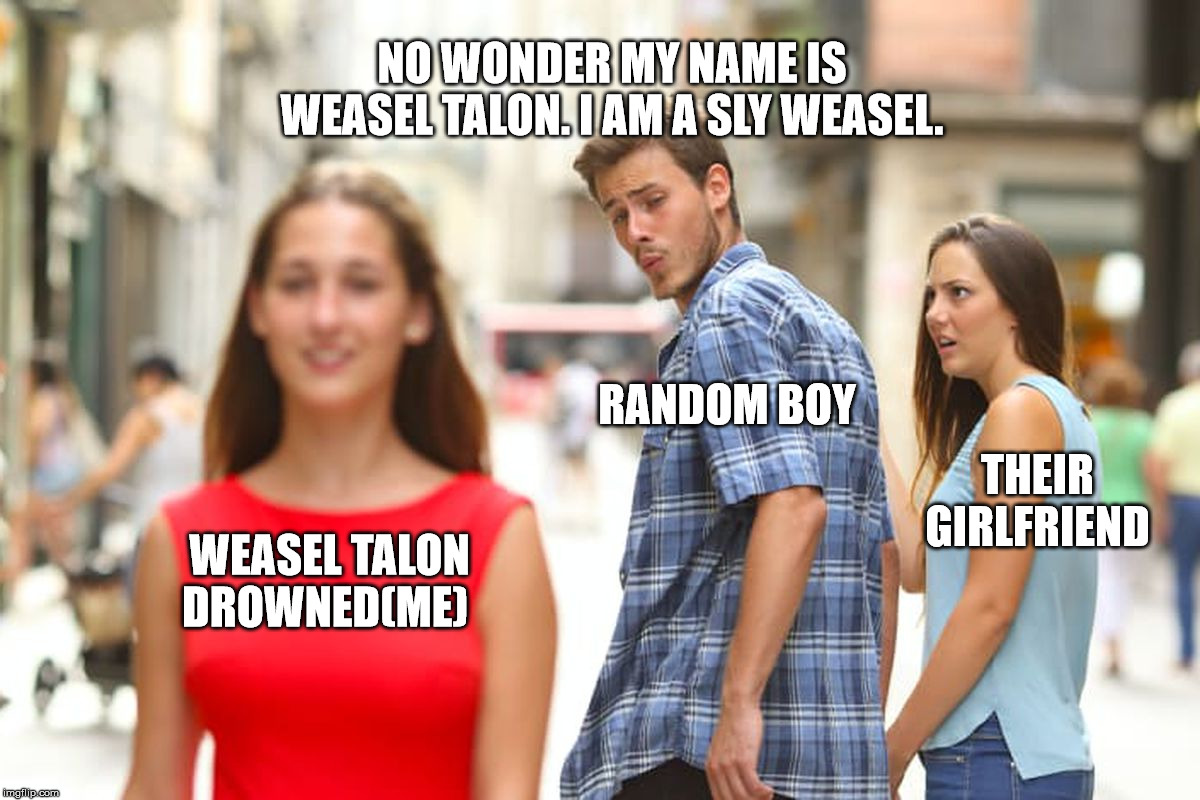 Distracted Boyfriend Meme | NO WONDER MY NAME IS WEASEL TALON. I AM A SLY WEASEL. RANDOM BOY; THEIR GIRLFRIEND; WEASEL TALON DROWNED(ME) | image tagged in memes,distracted boyfriend | made w/ Imgflip meme maker