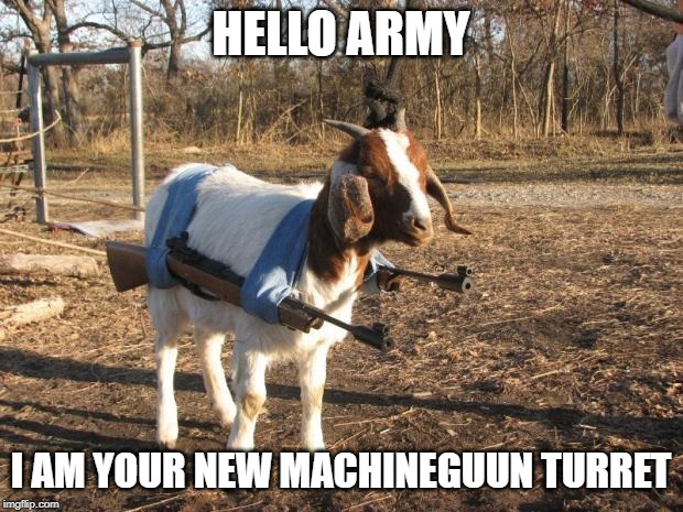 Call of Duty Goat | HELLO ARMY; I AM YOUR NEW MACHINEGUUN TURRET | image tagged in call of duty goat | made w/ Imgflip meme maker