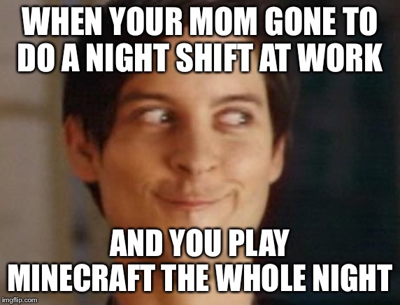 Spiderman Peter Parker Meme | WHEN YOUR MOM GONE TO DO A NIGHT SHIFT AT WORK; AND YOU PLAY MINECRAFT THE WHOLE NIGHT | image tagged in memes,spiderman peter parker | made w/ Imgflip meme maker