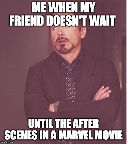 Face You Make Robert Downey Jr Meme | ME WHEN MY FRIEND DOESN'T WAIT; UNTIL THE AFTER SCENES IN A MARVEL MOVIE | image tagged in memes,face you make robert downey jr | made w/ Imgflip meme maker