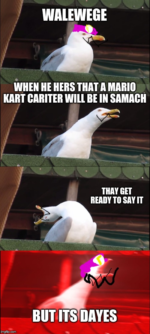 Inhaling Seagull Meme | WALEWEGE; WHEN HE HERS THAT A MARIO KART CARITER WILL BE IN SAMACH; THAY GET READY TO SAY IT; BUT ITS DAYES | image tagged in memes,inhaling seagull | made w/ Imgflip meme maker