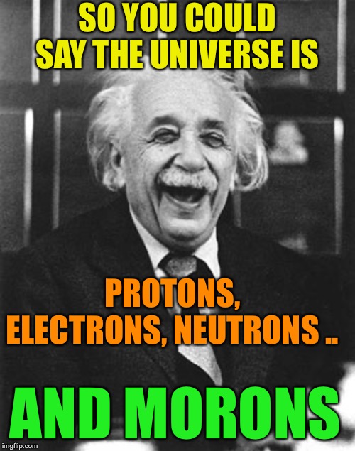 Einstein laugh | SO YOU COULD SAY THE UNIVERSE IS PROTONS, ELECTRONS, NEUTRONS .. AND MORONS | image tagged in einstein laugh | made w/ Imgflip meme maker