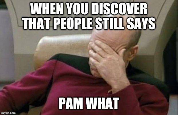 Captain Picard Facepalm Meme | WHEN YOU DISCOVER THAT PEOPLE STILL SAYS; PAM WHAT | image tagged in memes,captain picard facepalm | made w/ Imgflip meme maker