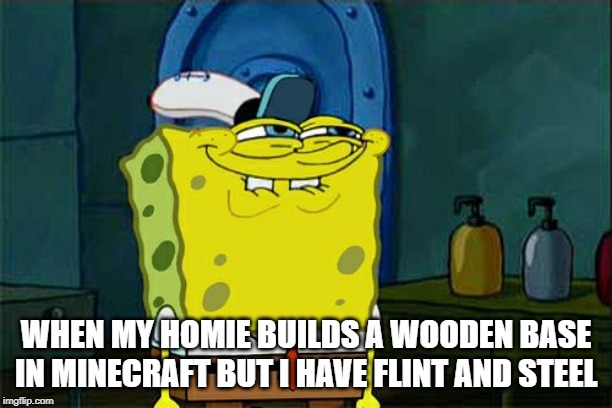 Don't You Squidward Meme | WHEN MY HOMIE BUILDS A WOODEN BASE IN MINECRAFT BUT I HAVE FLINT AND STEEL | image tagged in memes,dont you squidward | made w/ Imgflip meme maker