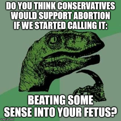 raptor | DO YOU THINK CONSERVATIVES WOULD SUPPORT ABORTION IF WE STARTED CALLING IT:; BEATING SOME SENSE INTO YOUR FETUS? | image tagged in raptor,pro choice,liberal vs conservative | made w/ Imgflip meme maker