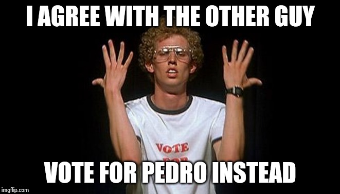 napoleon dynamite | I AGREE WITH THE OTHER GUY VOTE FOR PEDRO INSTEAD | image tagged in napoleon dynamite | made w/ Imgflip meme maker