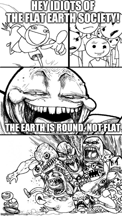 Hey Internet Meme |  HEY IDIOTS OF THE FLAT EARTH SOCIETY! THE EARTH IS ROUND, NOT FLAT | image tagged in memes,hey internet | made w/ Imgflip meme maker