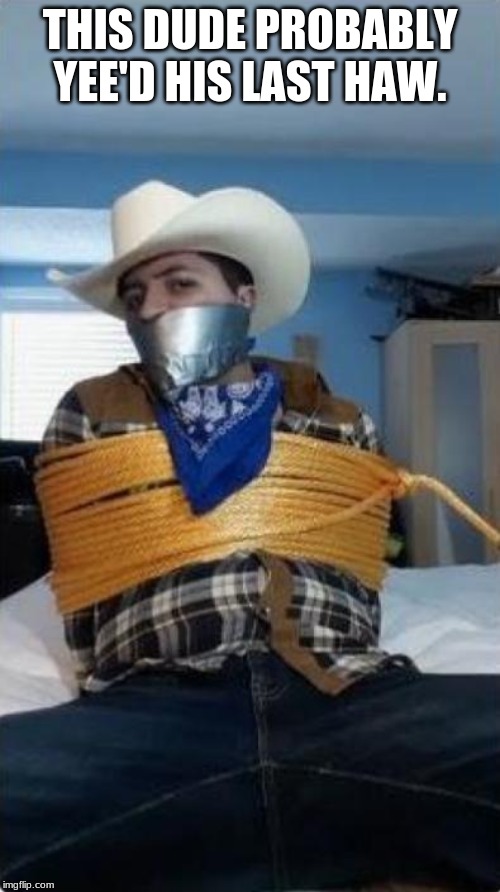 image tagged in cowboy,yee haw,duct tape,gagged,tied up,memes made w/ Imgfl...