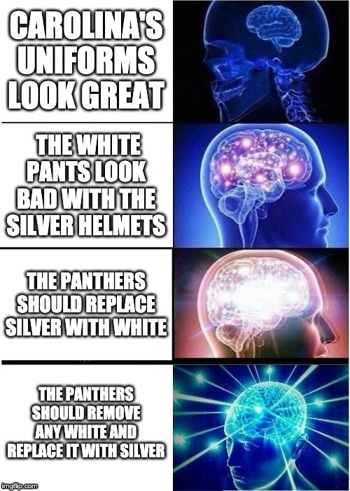 Expanding Brain Meme | CAROLINA'S UNIFORMS LOOK GREAT; THE WHITE PANTS LOOK BAD WITH THE SILVER HELMETS; THE PANTHERS SHOULD REPLACE SILVER WITH WHITE; THE PANTHERS SHOULD REMOVE ANY WHITE AND REPLACE IT WITH SILVER | image tagged in memes,expanding brain | made w/ Imgflip meme maker