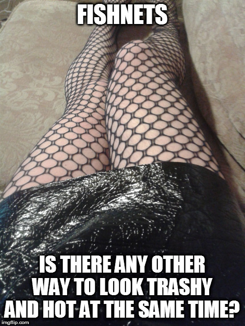 Brutal | FISHNETS; IS THERE ANY OTHER WAY TO LOOK TRASHY AND HOT AT THE SAME TIME? | image tagged in fishnets,sexy legs | made w/ Imgflip meme maker