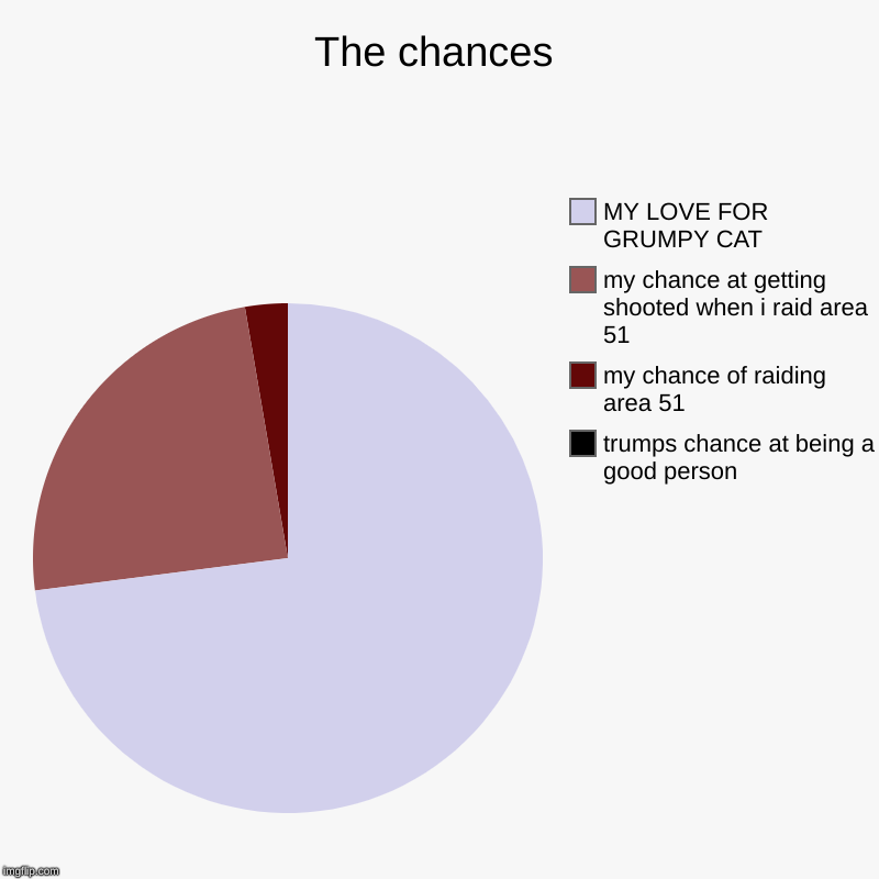 The chances | trumps chance at being a good person, my chance of raiding area 51, my chance at getting shooted when i raid area 51, MY LOVE  | image tagged in charts,pie charts | made w/ Imgflip chart maker